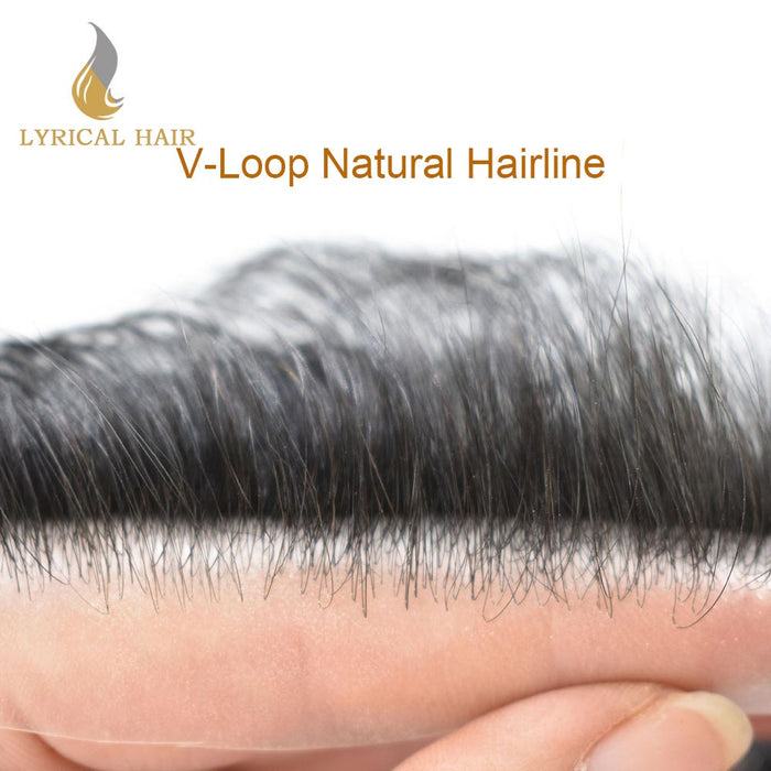 Lyricalhair Men Frontal Hair System V-Looped PU Toupee for Men Natural Hairline Mens Toupee