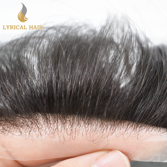 LYRICAL HAIR US Stock 0.08mm Thickness Natural&Durable Knotted Thin Skin PU Human Hair System For Men V-Looped Knots Mens Hairpieces Natural Hairline Toupee for Men   | Black