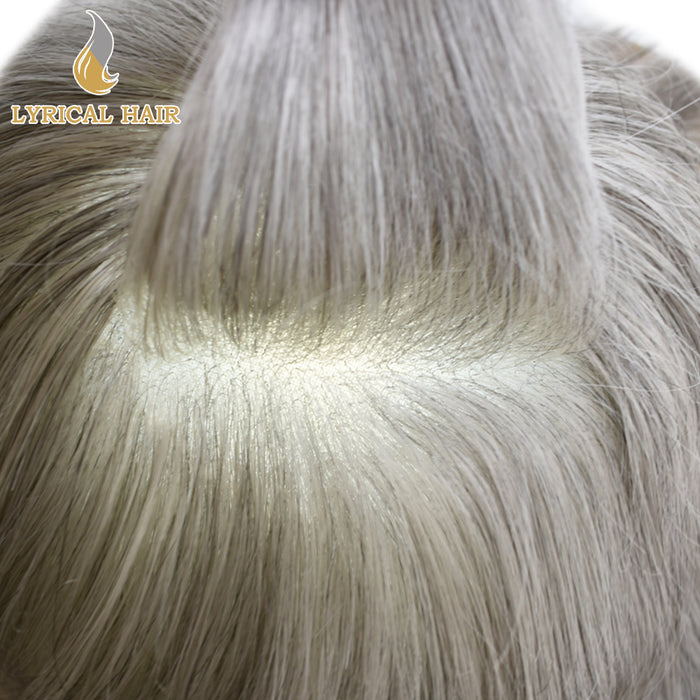 LYRICAL HAIR US Stock Human Hair Swiss Super Welded Lace wIith Poly Natural Hairline Bleached  Knots Toupee for Men  | Gray