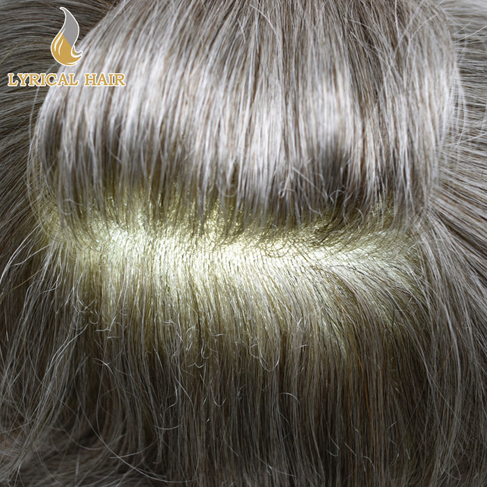 LYRICAL HAIR US Stock 0.08mm Thickness Natural&Durable Knotted Thin Skin PU Human Hair System For Men V-Looped Knots Mens Hairpieces Natural Hairline Toupee for Men   | Gray