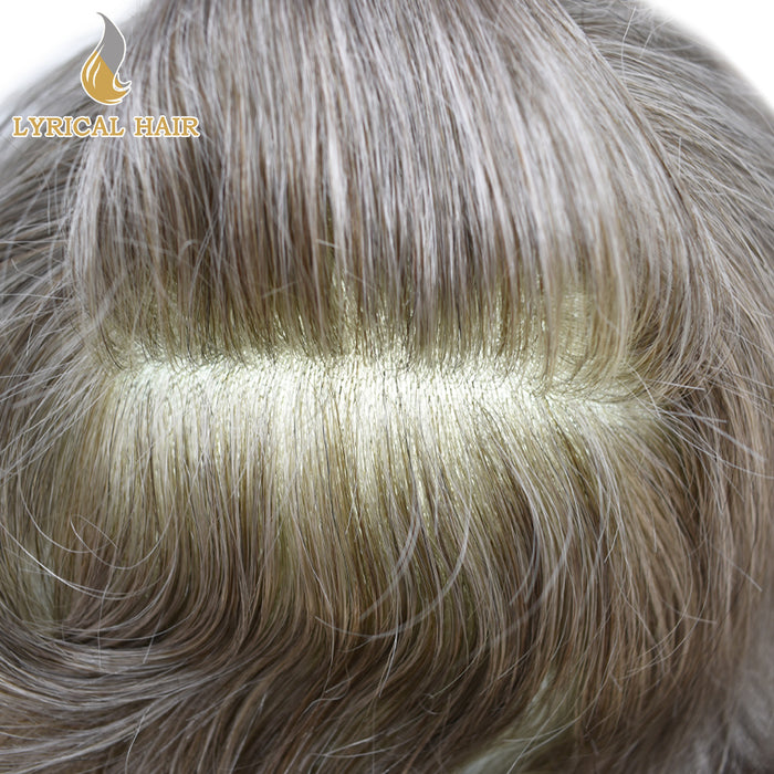 LYRICAL HAIR 0.10mm Thickness Durable Skin Knotted PU Human Hair System For Men 100% Hand Tied Woven Toupee for Men | Gray
