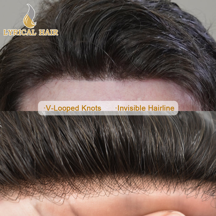 LYRICAL HAIR US Stock 0.08mm Thickness Natural&Durable Knotted Thin Skin PU Human Hair System For Men V-Looped Knots Mens Hairpieces Natural Hairline Toupee for Men|Fast shipping USA
