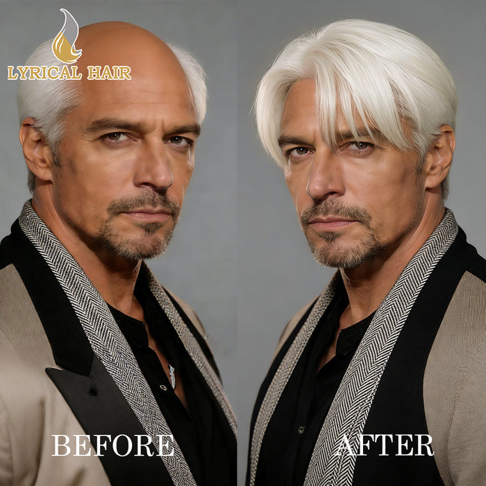 LYRICAL HAIR 0.10mm Thickness Durable Skin Knotted PU Human Hair System For Men 100% Hand Tied Woven Toupee for Men | White