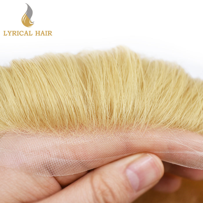 LYRICAL HAIR US Stock Human Hair Swiss Super Welded Lace wIith Poly Natural Hairline Bleached  Knots Toupee for Men  | Blond