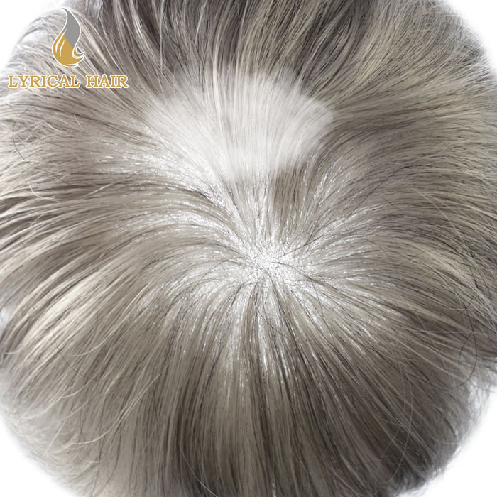 LYRICAL HAIR US Stock Human Hair Swiss Super Welded Lace wIith Poly Natural Hairline Bleached  Knots Toupee for Men  | Gray