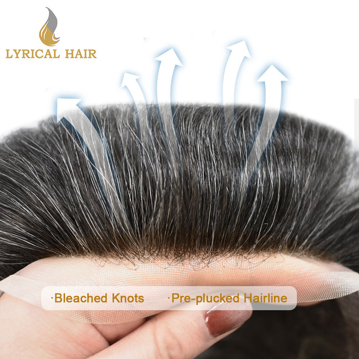 LYRICAL HAIR Hair System For Men Soft Welded Lace Base Front Human Hairpiece Bleached Knot Natural Hairline Hair System|Gray