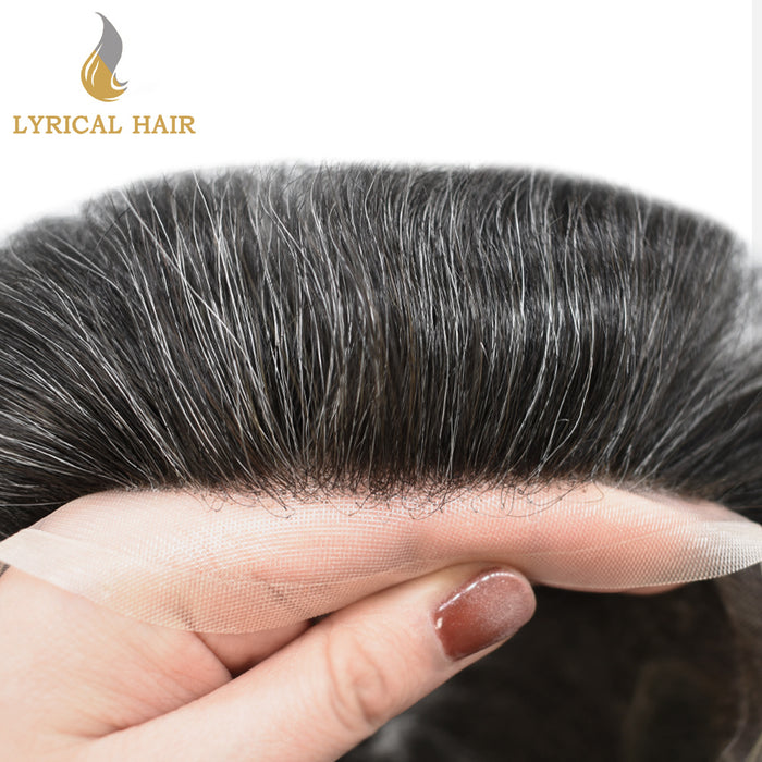LYRICAL HAIR Hair System For Men Soft Welded Lace Base Front Human Hairpiece Bleached Knot Natural Hairline Hair System|Gray