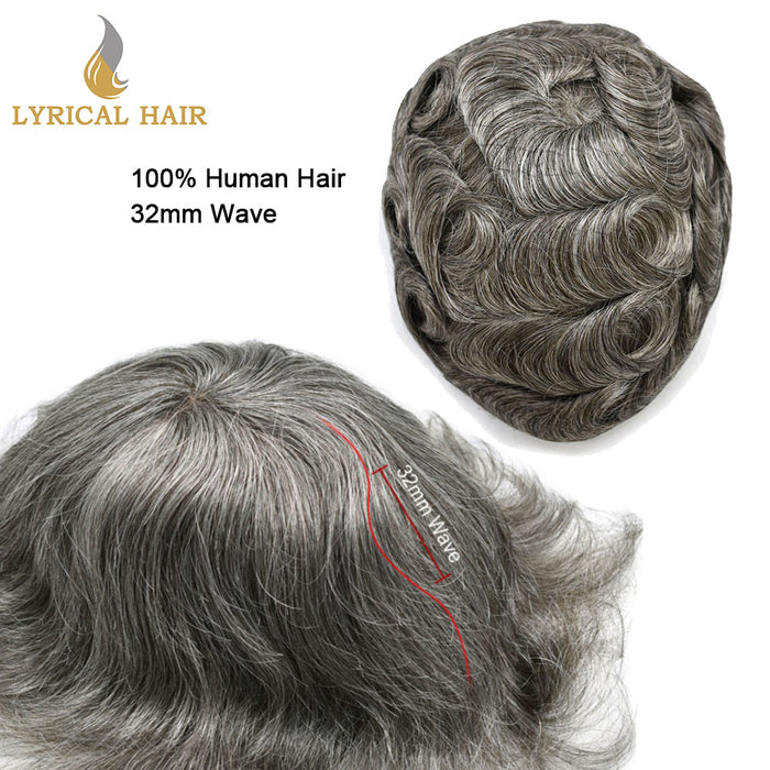 LYRICAL HAIR US Stock 0.08mm Thickness Natural&Durable Knotted Thin Skin PU Human Hair System For Men V-Looped Knots Mens Hairpieces Natural Hairline Toupee for Men   | Gray