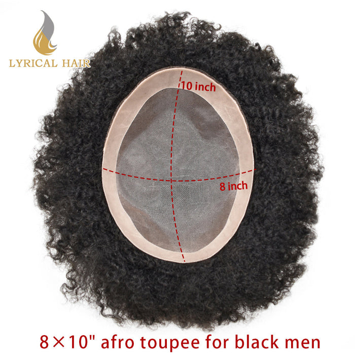 LYRICAL HAIR Afro Toupee For Black Men Fine Monofilament Men Wave Hair Unit Poly Coated Kinky Curly Hairpiece
