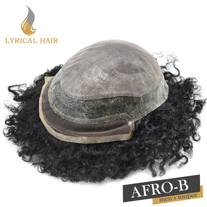 Lyricalhair Afro Men Hair System French Lace with Injected PU Skin Non Surgical Mens Toupee for African American Mens Hair Piece