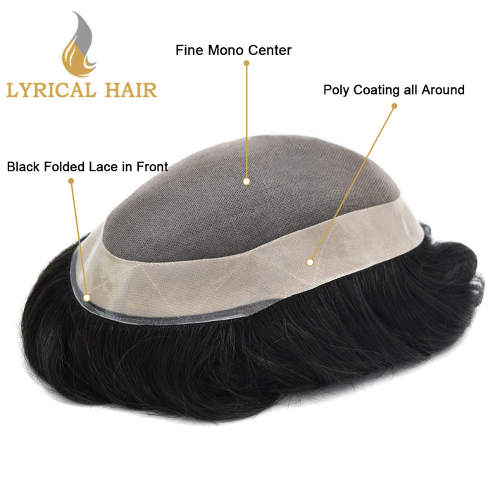 LYRICAL HAIR US Stock Human Hair System For Men Monofilament Top PU Around Lace Folded In The Very Front Natural Hairline Hairpiece | Black
