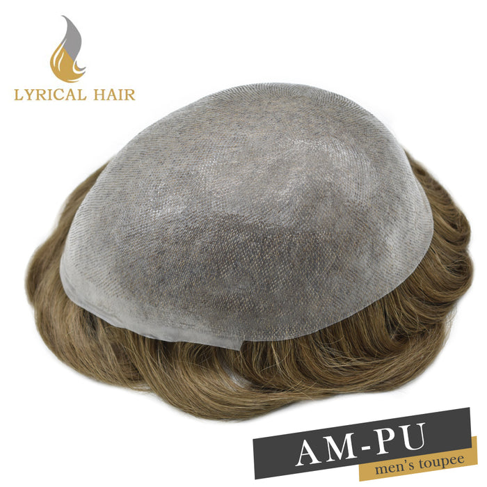 LYRICAL HAIR US Stock 0.08mm Thickness Natural&Durable Knotted Thin Skin PU Human Hair System For Men V-Looped Knots Mens Hairpieces Natural Hairline Toupee for Men   | Blond