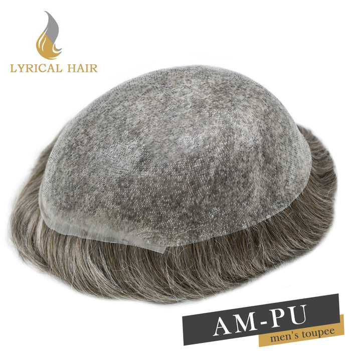LYRICAL HAIR US Stock 0.08mm Thickness Natural&Durable Knotted Thin Skin PU Human Hair System For Men V-Looped Knots Mens Hairpieces Natural Hairline Toupee for Men   | Gray