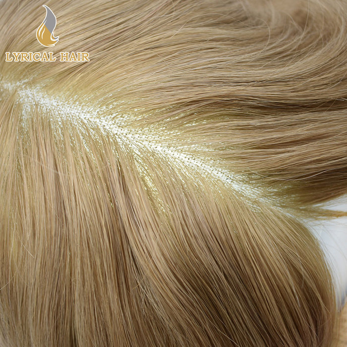 LYRICAL HAIR Human Hairpiece French Lace Mens Toupee Poly Skin Around Mens Hair System |Blond