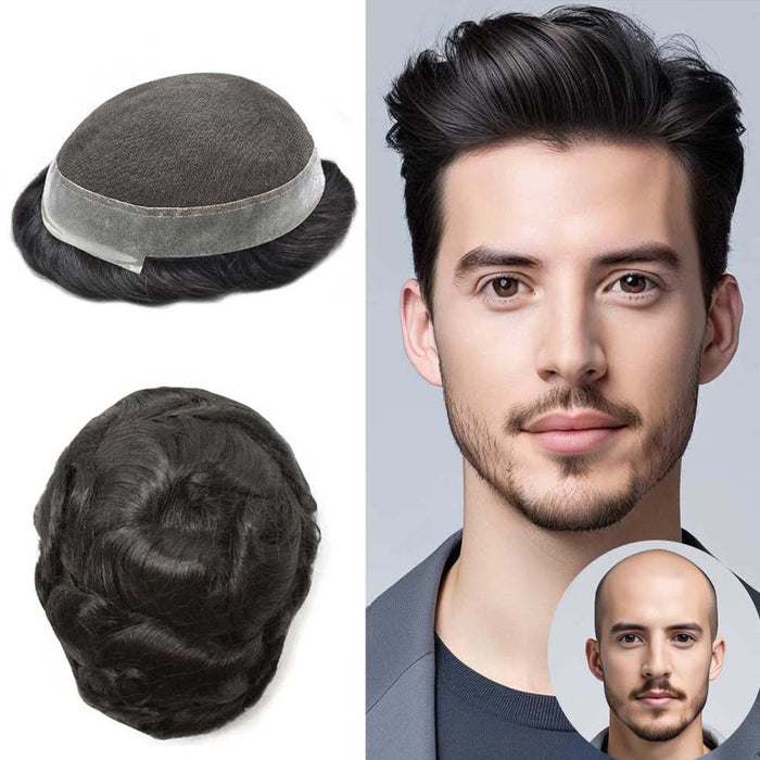 LYRICAL HAIR Human Hairpiece French Lace Mens Toupee Poly Skin Around Mens Hair System