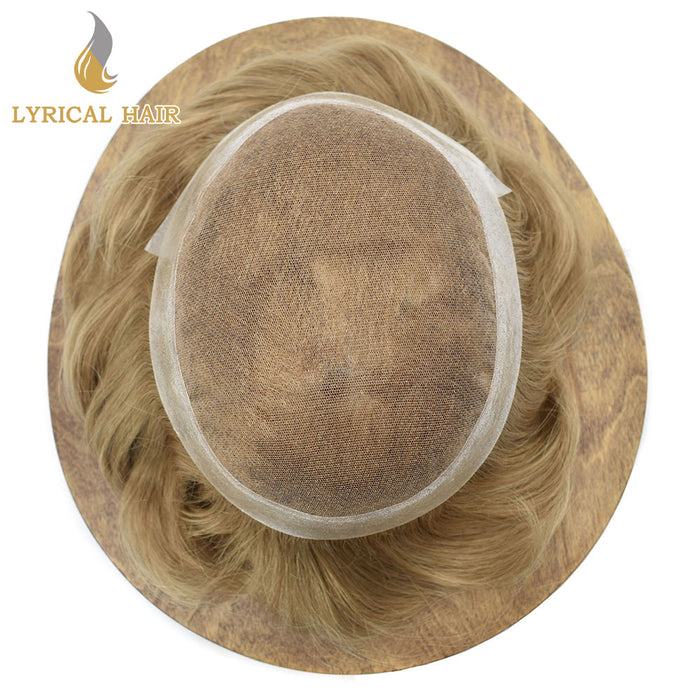 LYRICAL HAIR Human Hairpiece French Lace Mens Toupee Poly Skin Around Mens Hair System |Blond