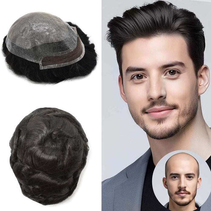 Mens Toupee Lace Front Skin Hair System for Men 0.06mm Thin Skin Undetectable V-looped Mens Hairpieces