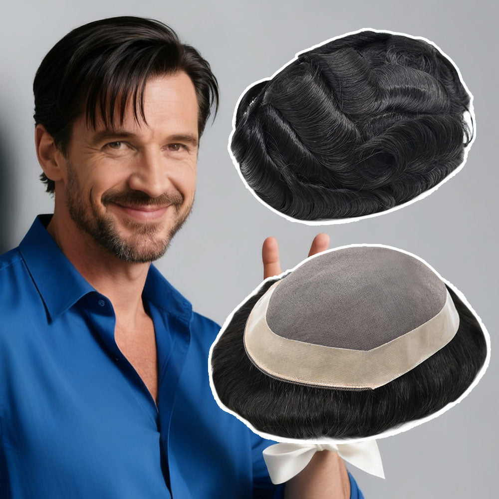 Hair System for Mens Hair Piece US STOCK Monofilament with PU Coating(NPU) Toupee Folded Lace Front Natural Hairline Mens Toupee | Black