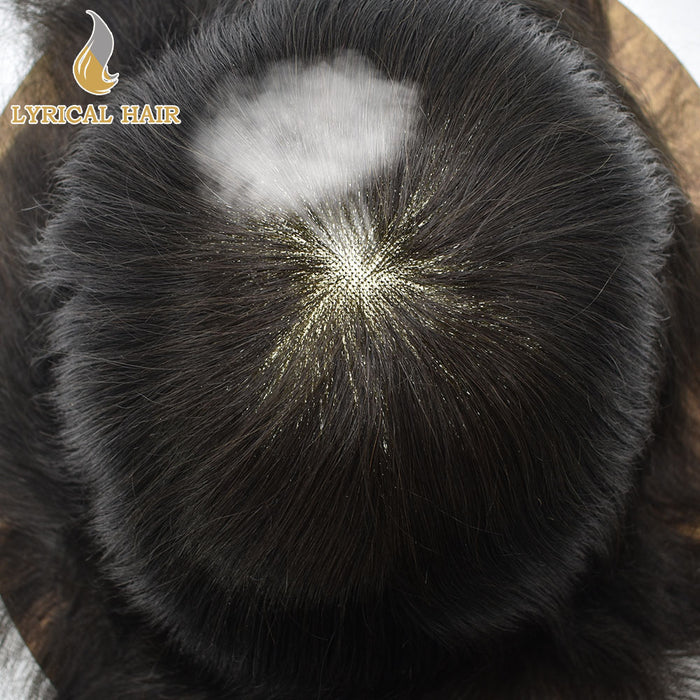LYRICAL HAIR US Stock Human Hair System For Men Monofilament Top PU Around Lace Folded In The Very Front Natural Hairline Hairpiece | Black