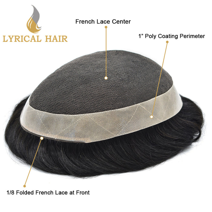 LYRICAL HAIR US Stock French Lace Hair System for Men PU Coated Lightweight Mens Hairpiece Center Lace Human Toupee for Men Breathable|Fast Shipping USA