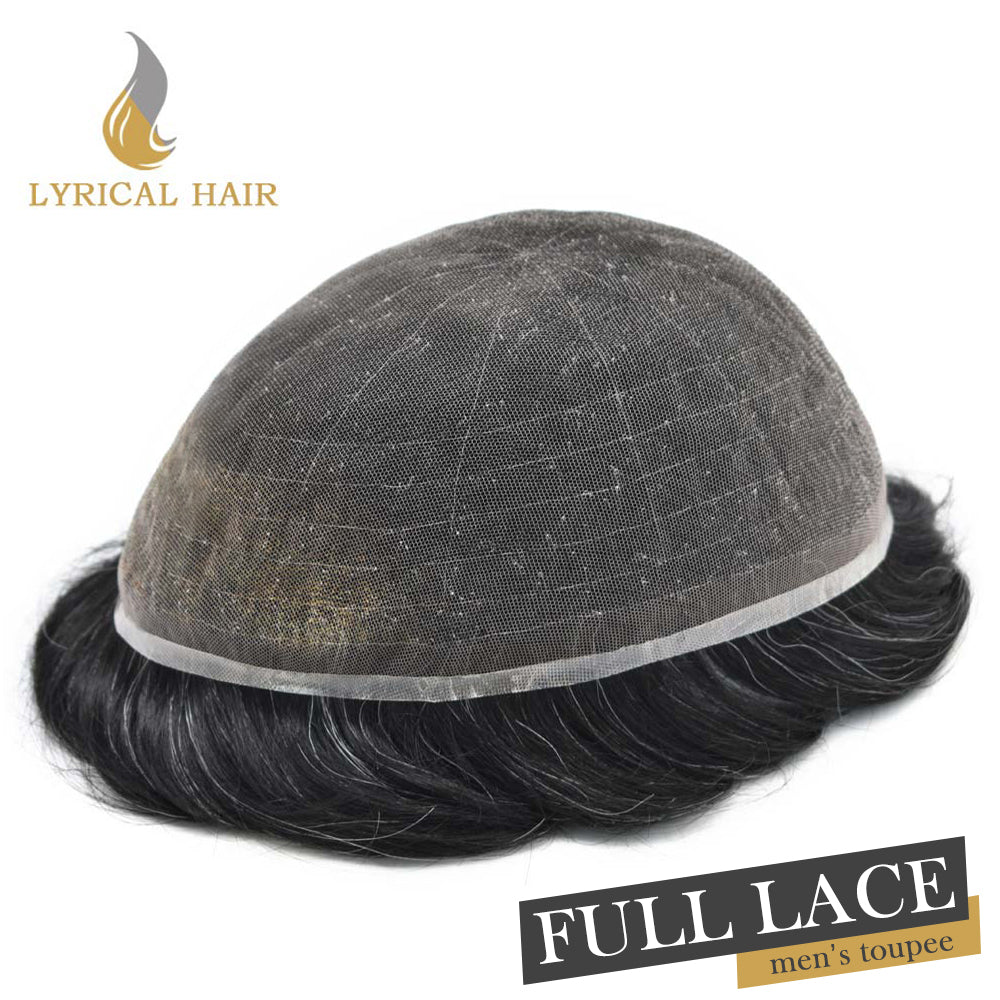 Full French Lace Toupee for Men Hair System Bleached Knots Natural Hairline Mens Hair Piece | Black