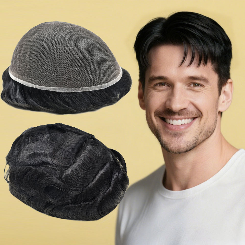 Full French Lace Toupee for Men Hair System Bleached Knots Natural Hairline Mens Hair Piece | Black