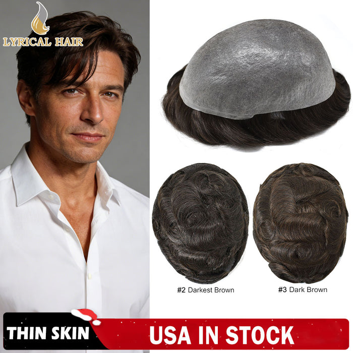 LYRICAL HAIR 0.06mm Ultra Thin Skin Brunette Hair System for Men V-Looped Mens Hairpieces Toupee for Men | Brunette