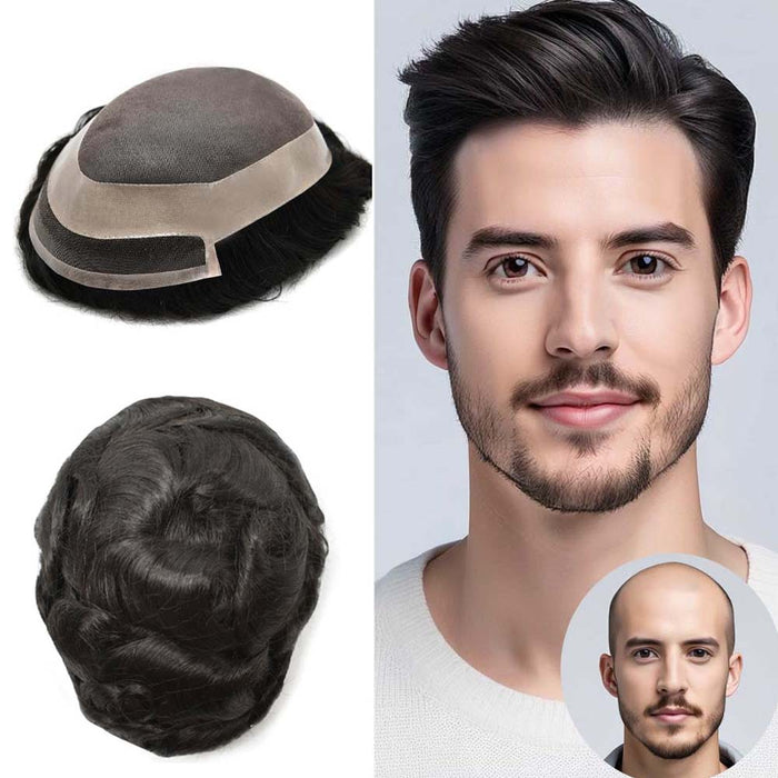 Fine Mono Hair Replacement System for Men PU Coated Perimeter 1/4" Fine Welded Mono Mens Hairpieces Lace Front Toupee for Men