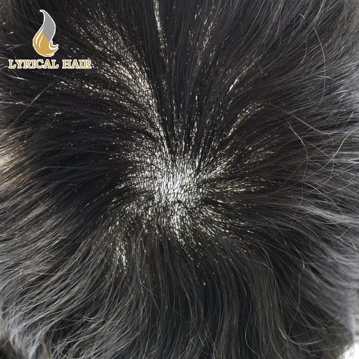 Lyricalhair 0.10mm Thickness Durable Skin Hair System For Men 100% Hand Tied Woven Toupee for Men