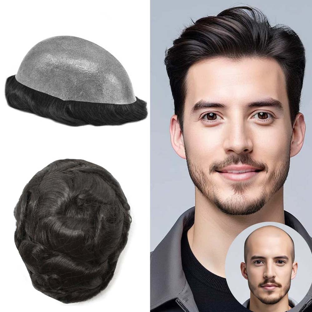 LYRICAL HAIR US Stock 0.10mm Thickness Durable Skin Knotted PU Human Hair System For Men 100% Hand Tied Woven Toupee for Men