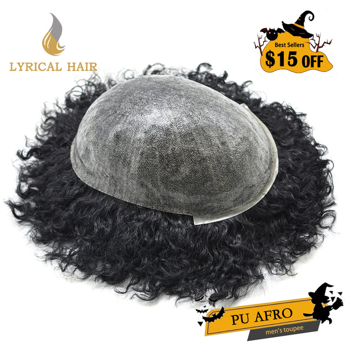 LYRICAL HAIR US Stock Afro Toupee for Black Men Full Injected PU Curly Hair Unit For American African Men