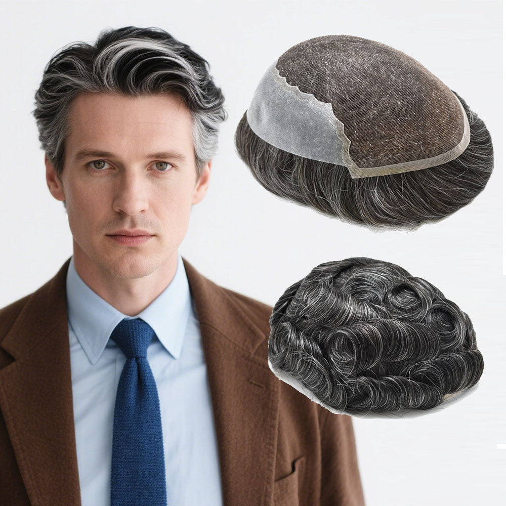 US Stock French Lace With PU Human Hair System For Men Natural Hairline Bleached  Knots Toupee for Men