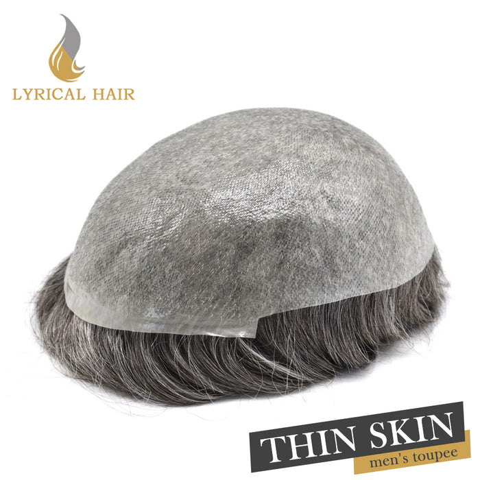 LYRICAL HAIR Mens Toupee 0.06mm Ultra Thin Skin Hair Replacement System for Men V-Looped Knots Mens Hairpieces Natural Hairline Toupee for Men |Gray