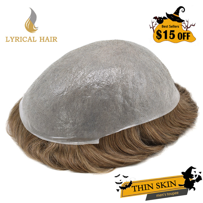 LYRICAL HAIR Mens Toupee 0.06mm Ultra Thin Skin Hair Replacement System for Men V-Looped Knots Mens Hairpieces Natural Hairline Toupee for Men