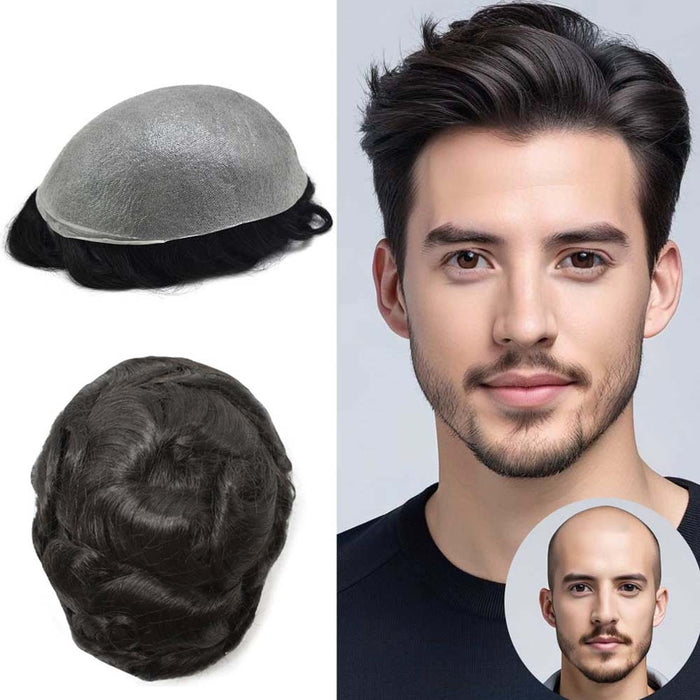 Mens Toupee 0.06mm Ultra Thin Skin Hair Replacement System for Men V-Looped Knots Mens Hairpieces Natural Hairline Toupee for Men