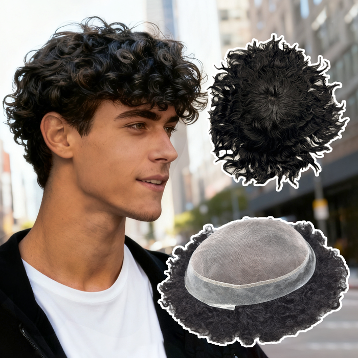 US STOCK Afro Toupee African Curly Monofilament Durable Hair System For Black Men Hair Unit 25mm