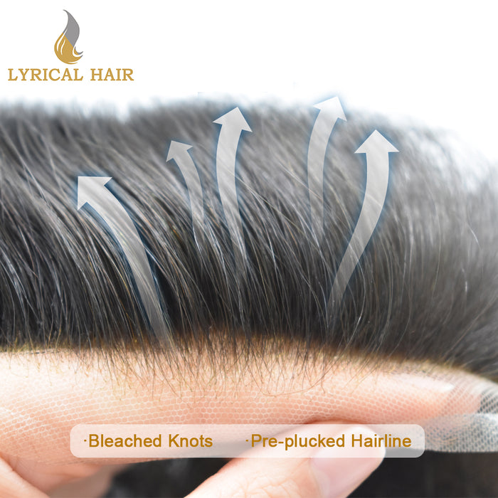 French Lace With PU Human Hair System For Men Natural Hairline Bleached  Knots Toupee for Men | Black