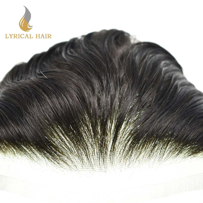 LYRICAL HAIR US Stock Mens Frontal Hairpiece Forehead Hairline Toupee French Lace With PU Natural Hairline For Receding Hairline 4X18cm