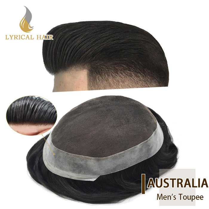 Human Hairpiece French Lace Mens Toupee Poly Skin Around Mens Hair System