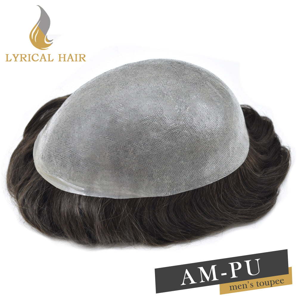 LYRICAL HAIR US Stock 0.08mm Thickness Natural&Durable Knotted Thin Skin PU Human Hair System For Men V-Looped Knots Mens Hairpieces Natural Hairline Toupee for Men