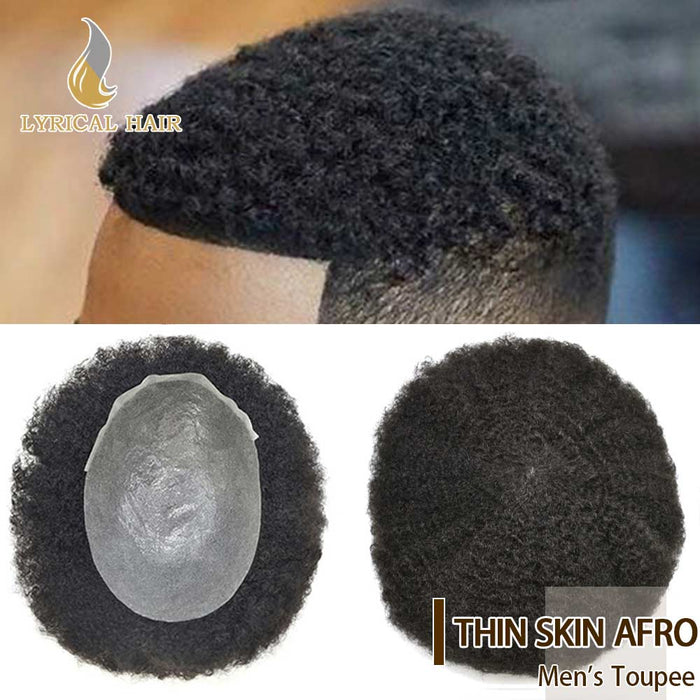 Kinky Curly Afro Mens Toupee 0.3-0.06mm Thickness PU  Hair Unit For Black Men