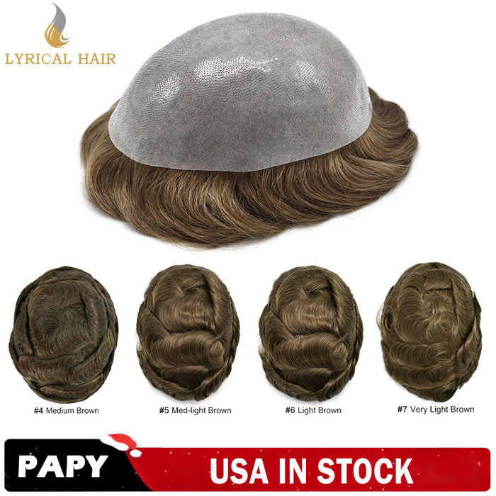 LYRICAL HAIR 0.10mm Thickness Durable Skin Knotted PU Brown Human Hair System For Men 100% Hand Tied Woven Toupee for Men