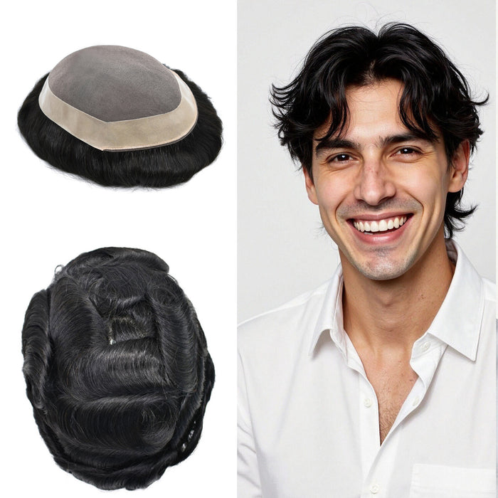 Hair System for Mens Hair Piece US STOCK Monofilament with PU Coating(NPU) Toupee Folded Lace Front Natural Hairline Mens Toupee | Black
