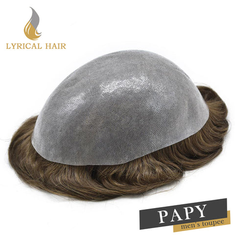 LYRICAL HAIR 0.10mm Thickness Durable Skin Knotted PU Human Hair System For Men 100% Hand Tied Woven Toupee for Men