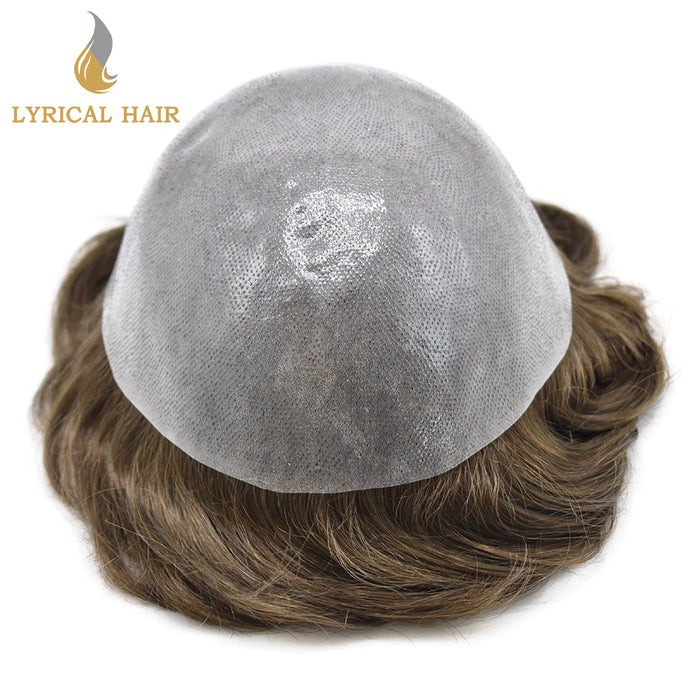 LYRICAL HAIR 0.10mm Thickness Durable Skin Knotted PU Brown Human Hair System For Men 100% Hand Tied Woven Toupee for Men | Brown