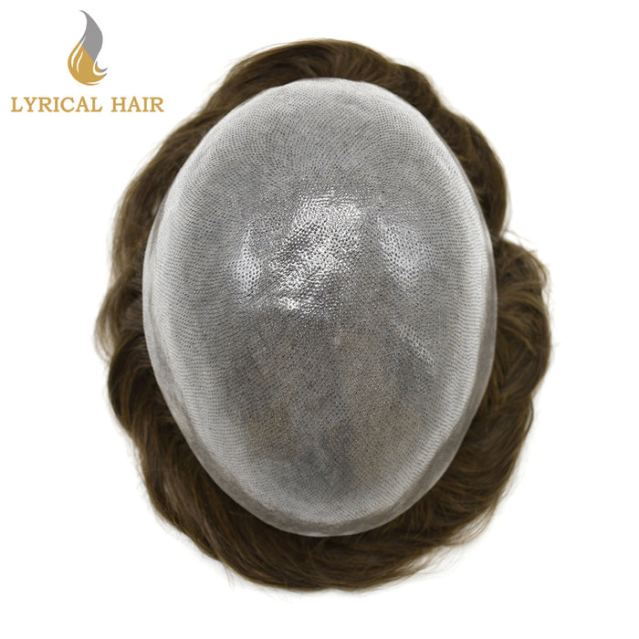 LYRICAL HAIR 0.10mm Thickness Durable Skin Knotted PU Brown Human Hair System For Men 100% Hand Tied Woven Toupee for Men | Brown