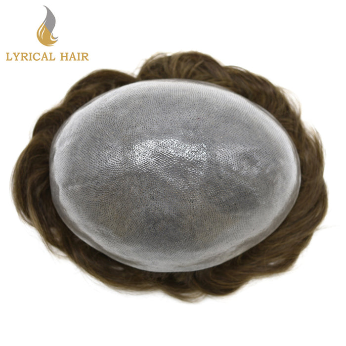LYRICAL HAIR 0.10mm Thickness Durable Skin Knotted PU Brown Human Hair System For Men 100% Hand Tied Woven Toupee for Men | Brown