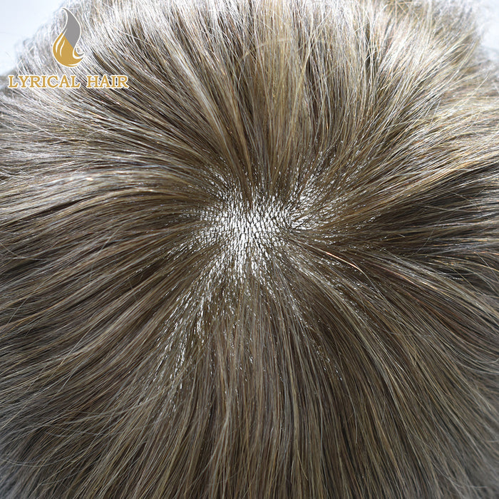 LYRICAL HAIR 0.10mm Thickness Durable Skin Knotted PU Human Hair System For Men 100% Hand Tied Woven Toupee for Men