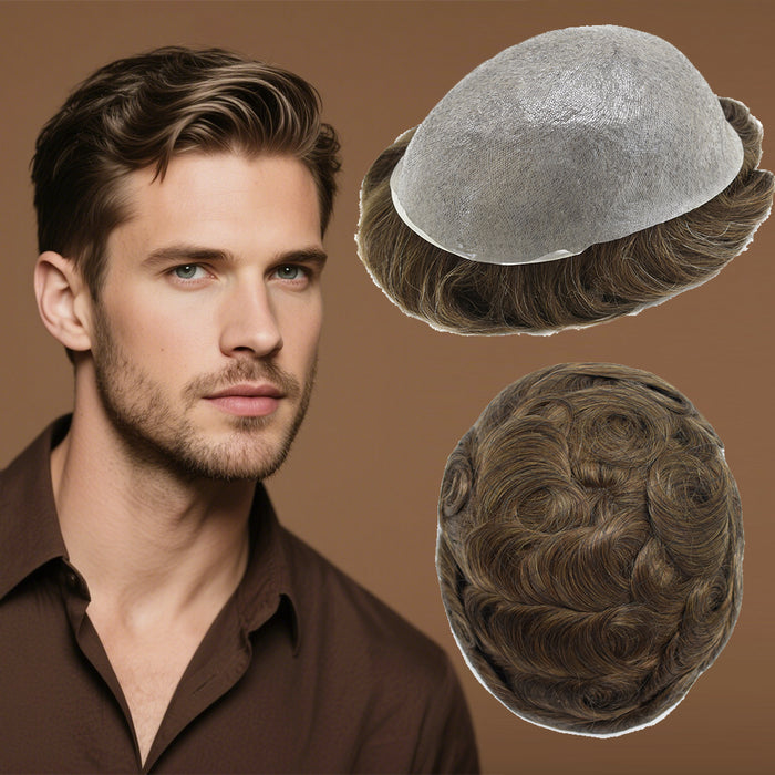 US Stock 0.06mm Ultra Thin Skin Hair System for Men V-Looped Knots Mens Hairpieces Toupee for Men